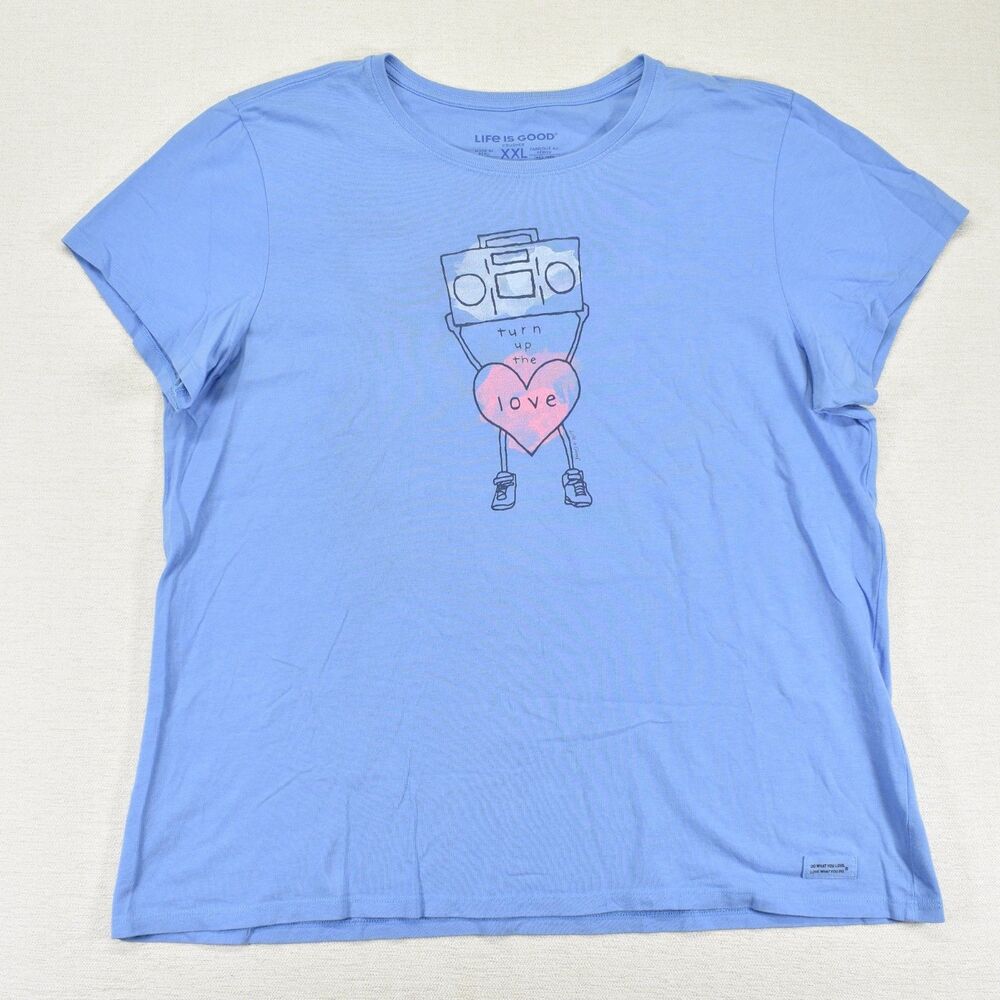 Life Is Good Womens 2XL Light Blue Crusher Tee Turn Up The Love Boombox Shirt